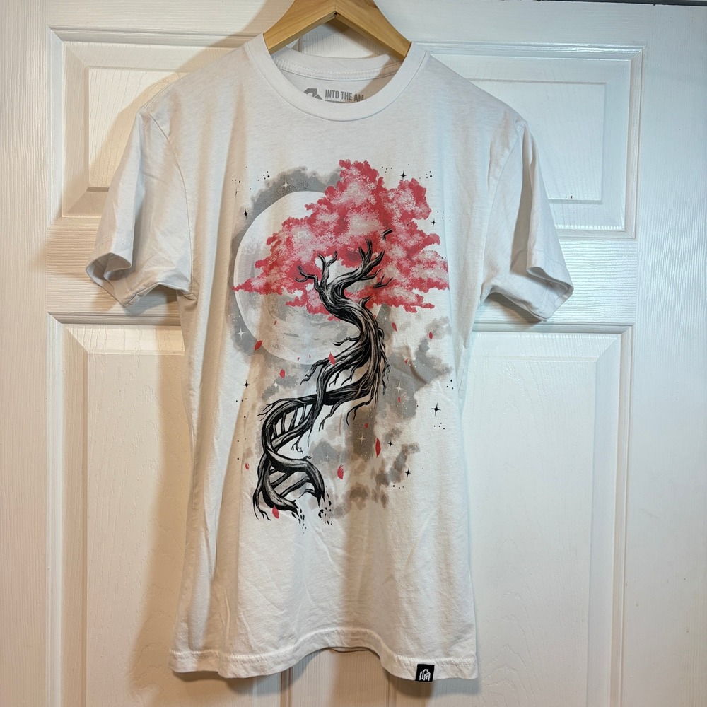 INTO THE AM Mens White Cherry Blossom Tree Graphic T-Shirt S Sakura Moon